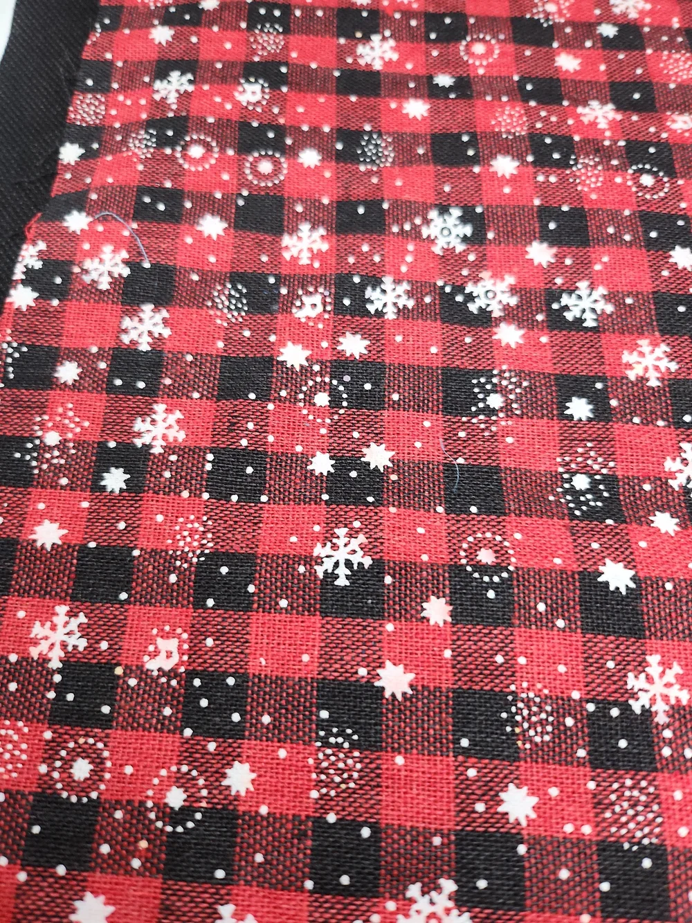 Red and Black Buffalo Plaid Fabric Panel with White Snowflake Print 10x15